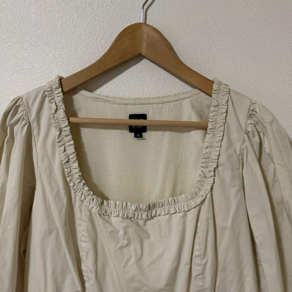Gap Puff Sleeve Ruffle Neck Mini Dress Chino Beige Square Neck Pockets 2023-12 - Picture 4 of 12
